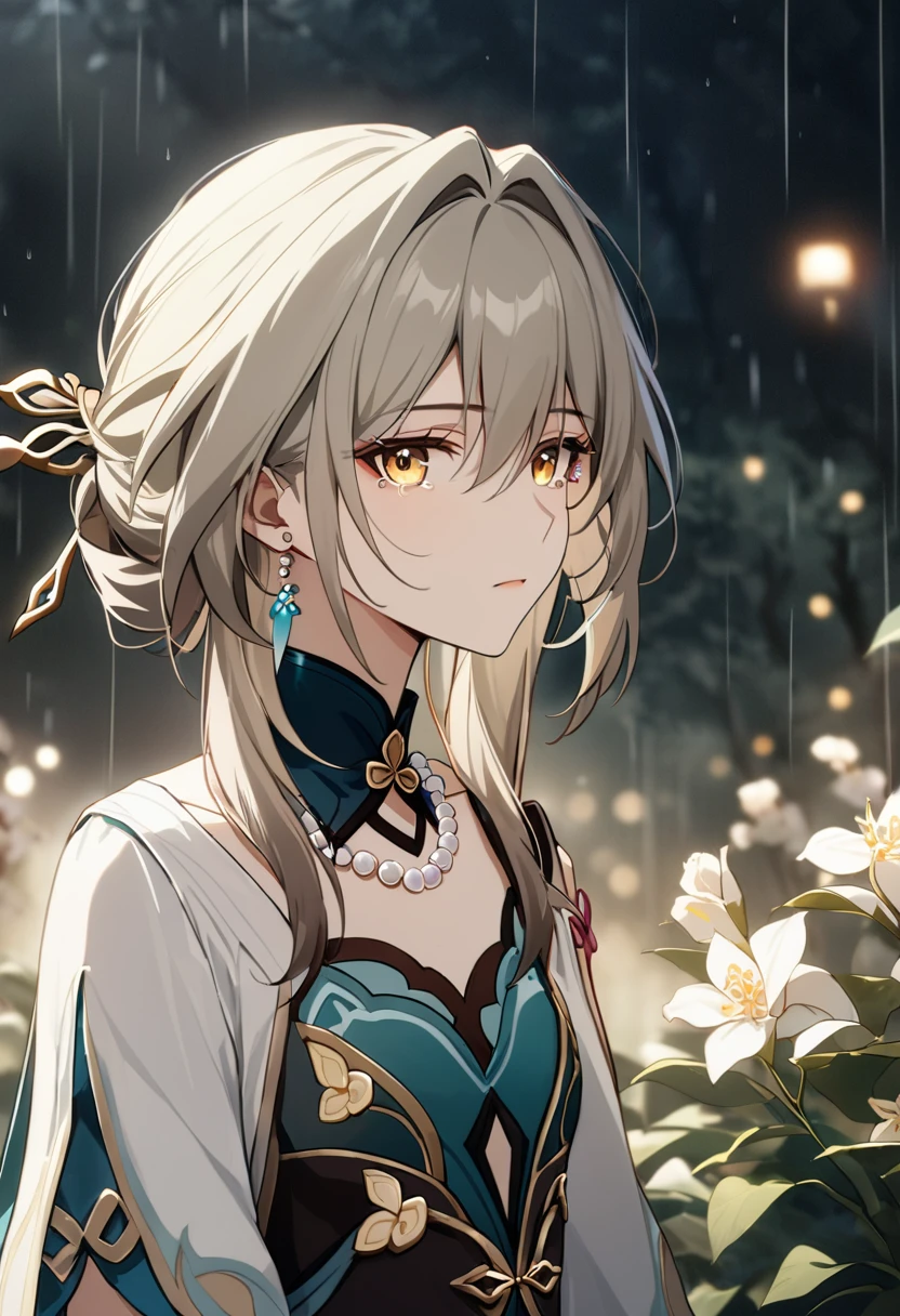 ruan_mei_(honkai:_star_rail) , calm, exspressionless, glossy lips, portrait, looking at viewer, tears, (blonde hair:1.3),, colored eyelashes, (yellow eyelashes:1.2), white clothes, office blouse, pearls, golden eyes,hairstick, sfw, modest, rain, flowers trees background, (flat chest:1.2), (masterpiece), (best quality), (ultra-detailed), very aesthetic, illustration, disheveled hair, perfect composition, moist skin, intricate details, cinematic still, emotional, harmonious, vignette, highly detailed, high budget, bokeh, cinemascope, moody, epic, gorgeous, chinese shirt, film grain, grainy, flowers, earrings, necklace, tall collar, high collar