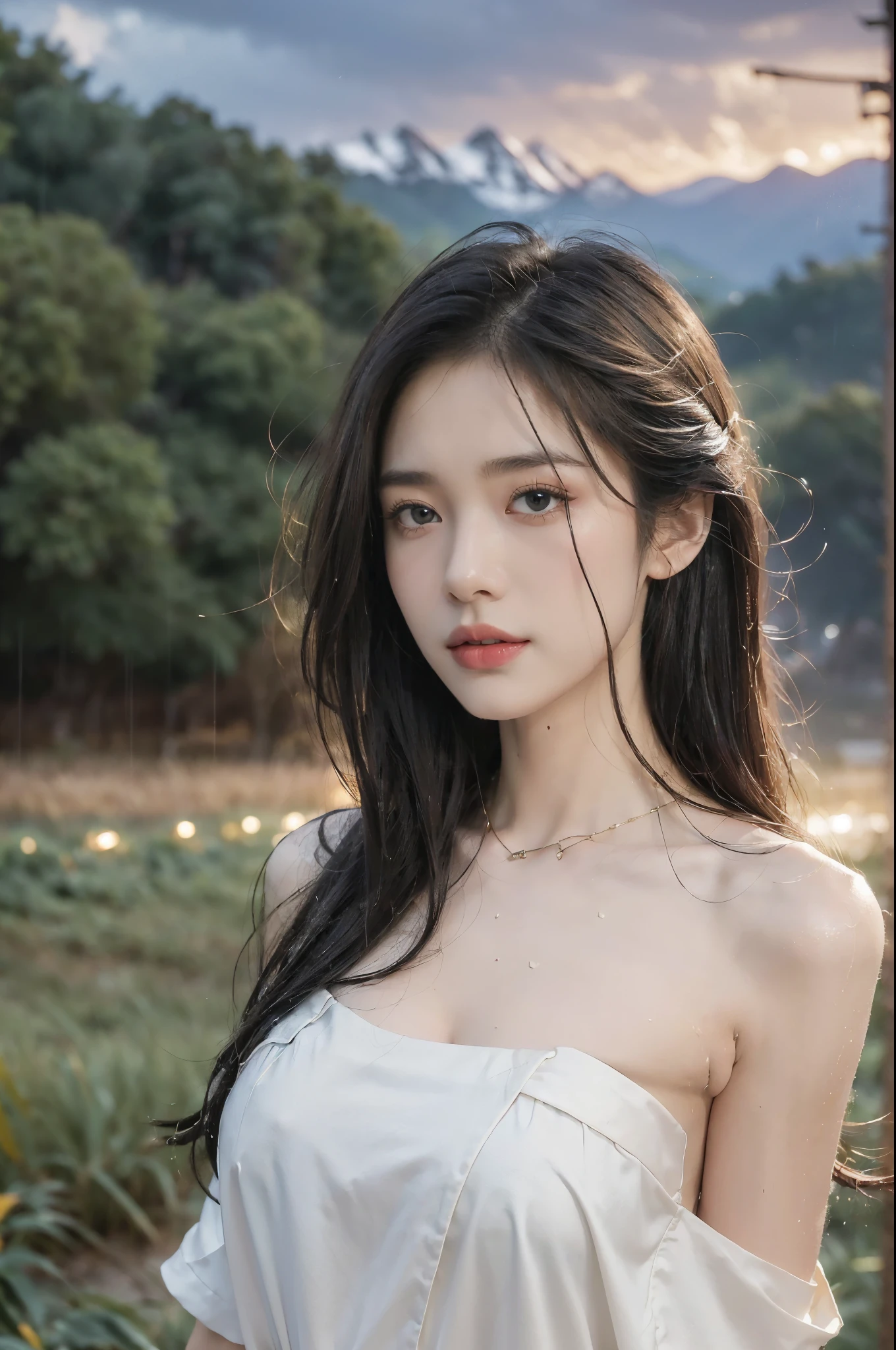 (((best quality))),(((ultra detailed))),(((masterpiece))),illustration,((1 beautiful girl,solo)),((slim,thin,flat chest)),(shoulder length straight bob hair:1.2),flowing hair,fair skin,(shiny skin:1.3),detailed eyes,laughing,(shirt-dress:1.3),delicate necklace,grass,dewdropletts,trees,bird chirping,serenity,gratitude,awe,wonders of nature,peace,contentment,magnificent world,summer,(pitch-dark dawn:1.5),(night scene:1.3),((upper body,from front)),after rain,(wet:1.3),standing,on the path,At the mountaintop,confident gaze,elegant posture,mysterious atmosphere,solemn mood,dawn approaching,detailed decorations,(sunrise:1.3),(cloudy sky:1.2),rainbow,(Rural Landscape:1.2),horizon,