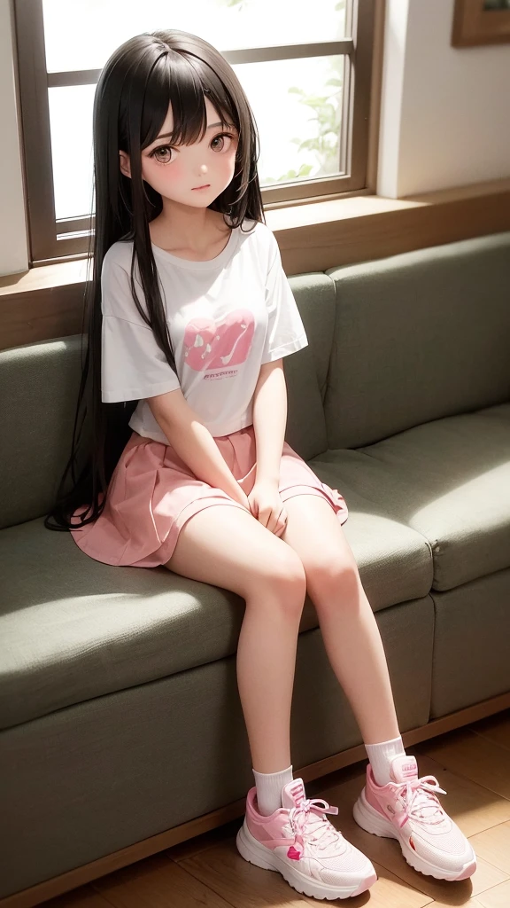 19 year old girl with long black hair. She is wearing a white t-shirt and a pink petticoat, white and pink tennis shoes.
She sitting in front of the window looking up at the sky.
