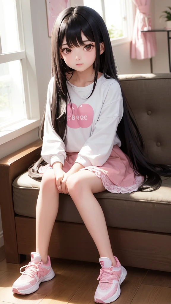 19 year old girl with long black hair. She is wearing a white t-shirt and a pink petticoat, white and pink tennis shoes.
She sitting in front of the window looking up at the sky.