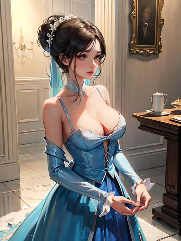 4K, masterpiece, high resolution, Complex 3D rendering of ultra-detailed beautiful porcelain contoured female face,Vivid details,（high resolution），Ultra Detail，Vivid details,（8K，original photo），（Best quality），（masterpiece），(((Full and soft breasts,)))(((Large Breasts))) (((Cleavage)))Cinderella arrives at the ballroom: Cinderella in a blue dress. Her hair was tied up in an elegant bun. The walls of the ballroom are pearl white. The guests in the banquet hall are all elegantly dressed.. Ball gowns and tuxedos. The scene is a grand banquet hall，There are chandeliers and polished marble floors. The camera used is a high-end digital SLR camera. The focus of this work is Cinderella&#39;s dancing steps. The viewing angle is slightly higher, Capturing magnificent scenes. Soft and warm lighting, creating a romantic ambiance. with a shallow depth of field, Cinderella is clearly visible，The background is slightly blurred. The shutter speed was set to freeze the action and capture the details of Cinderella&#39;s dress.. The photo is of high quality, Bright colors，Clear details. Additional Photographic Terms: Bokeh effect, Golden Hour Lighting, Large aperture, Bangs, Purple Eyes, Dark blue long hair,portrait