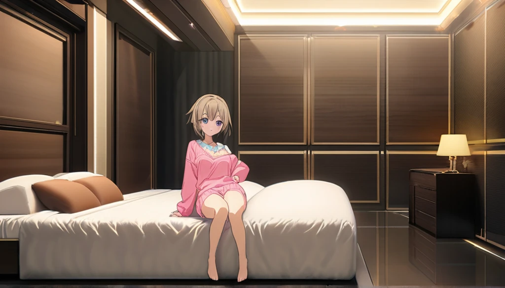 ((Anime Infinite Stratos nfsw Art)), 8k, ultra full high definition. The year is 2024. The theme is rest.  The setting is a 25m² room, the walls are white, the ceiling has friezes with 3000k LED that completely illuminates the setting, the floor is wooden, there is a wooden double bed with a light pink cover, a wooden nightstand next to.  There is a girl, she is lying on the bed on her back, she is 12 years old, short stature(145cm), brown(bright:1.9) hair(short:1.9) messy, purple eyes(bright:1.9), face wonderful, thin body(thin:1.9), large and round breasts, thin waist(thin:1.9), large and round ass, wide hips, slender thighs, wearing pink sweater(short:1.3), fullbody, she is embarrassed.  The atmosphere is sensual and mysterious.  full view of the scene.