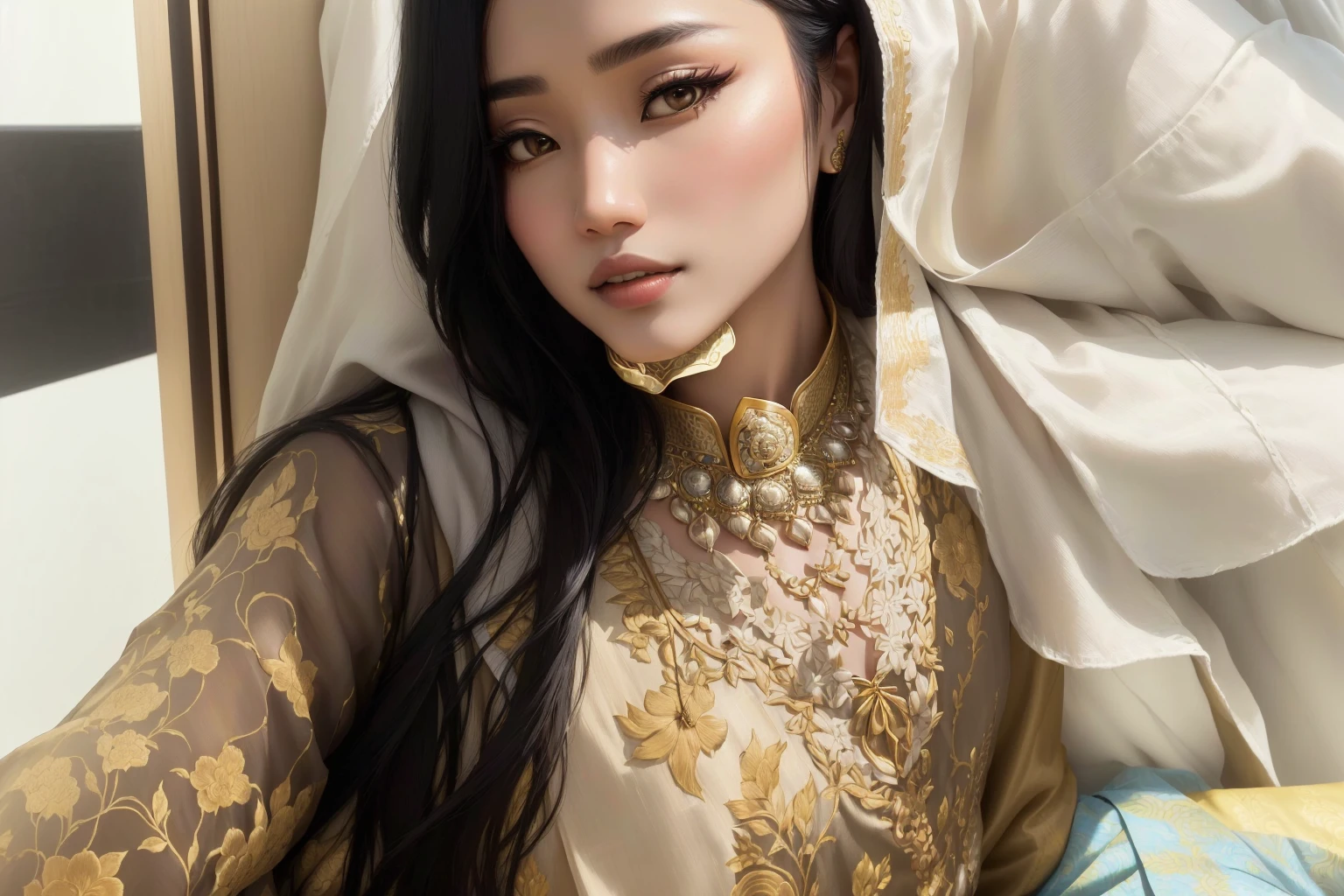 there is a woman that is sitting down with a cell phone, wearing a silk kurta, nivanh chanthara, mai anh tran, profile picture, wearing a kurta, profile pic, a young asian woman, wearing an elegant tribal outfit, south east asian with long, in style of lam manh, profile image, south east asian with round face
