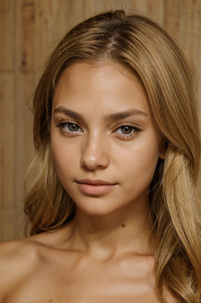A woman with blonde hair, light brown eyes and tan skin, has a firm face.