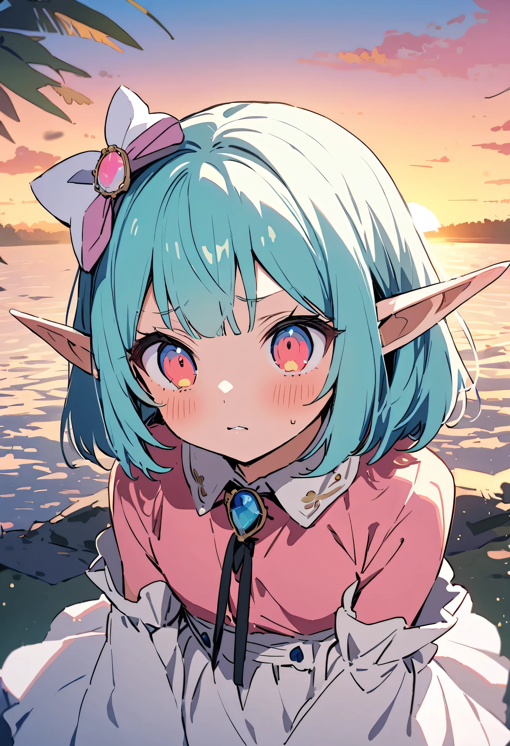 masterpiece, Highest quality, Illustration of the novel, High resolution, 18+ Adult content, Sensual, Intimate, Emotional, Passionate, romantic, sweet, Adorable, Innocent, Pure, charmな, charmな, charm, mysterious, charmな, charmな, Immersive, charmな, dream-like, Surreal, Imaginative, Whimsical, Artistic, Avant-garde, timeless, elegant, Sophisticated, chic, Sophisticated, Personality, original, charmな,(( Elf:1.3)),((A look of disgust:1.3))、Upper Body、(a bit),((Sunrise Time/Sunrise time/sunrise time:1.3))