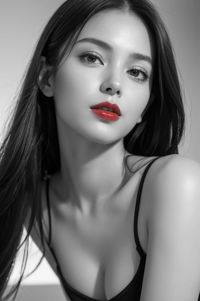Tabletop, Highest quality, Realistic, Very detailed, finely, High resolution, 8k wallpaper, RAW Photos, Professional, High level of detail, (((Black and white photography))), 1 Girl, (look forward to), Upper Body, Long Hair, Shapely small breasts, Perfect Face, (((Only lips red))), (Looking into the camera), (From below)