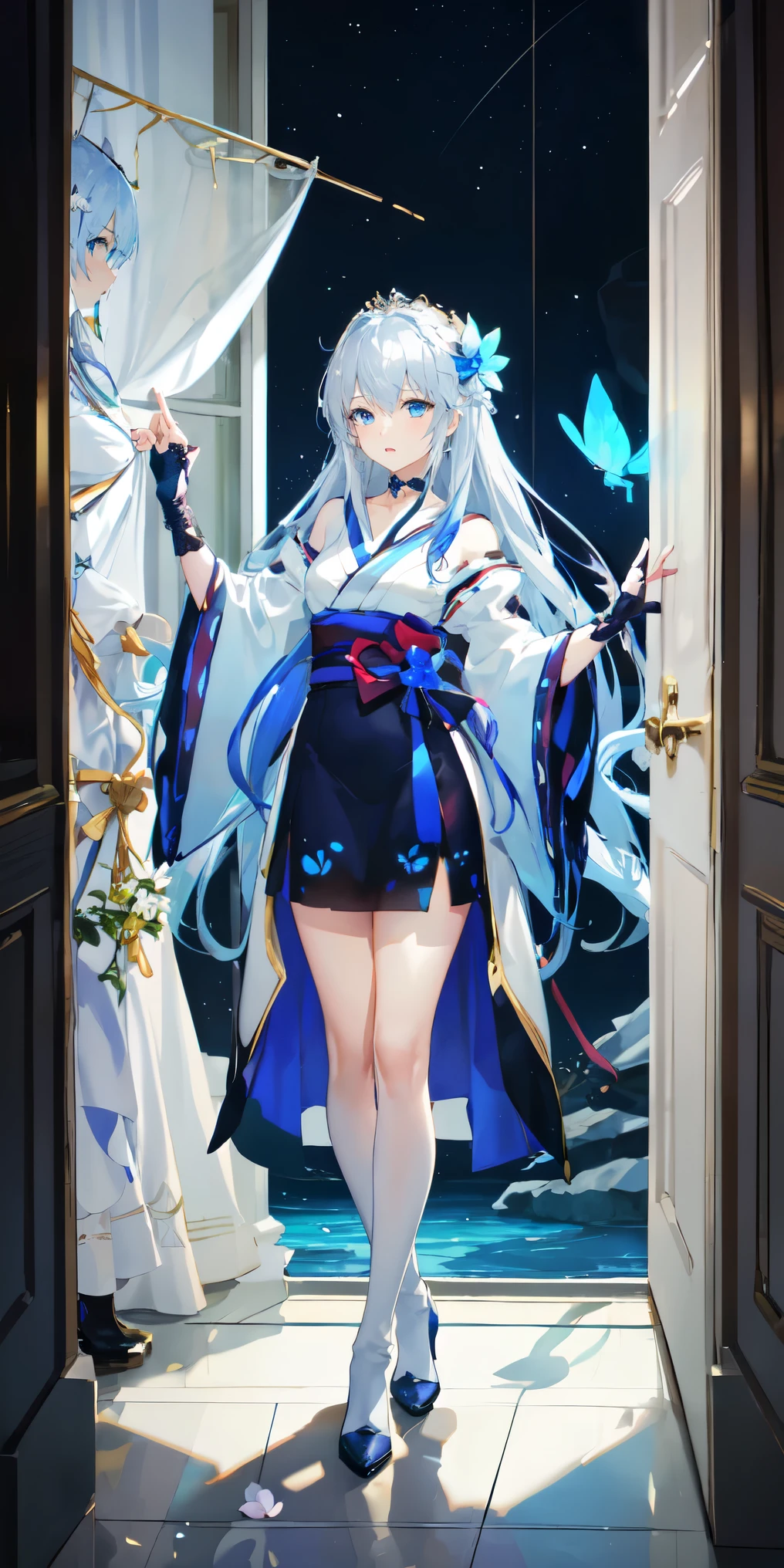 (俯瞰figure),Dynamic Angle,Super detailed, figure, close, Straight, One girl, (Fantasy:1.4), (blue eyes:1.233),Her eyes shone like dream-like stars,(Glowing Eyes:1.233),(Beautiful and detailed:1.1),(Silver Hair:1.14),(Messy Hair,Very long hair,French Braid,Hair between the eyes,Side Lock), (+(Blue Hair Flower:1.14)),(Chiffon dress,blue floral pattern on uniform)/=(uniform:1.24),(Removable sleeves,Wide sleeves),(Fingerless gloves),choker,(Shrine Maiden Knee Socks),High heel boots,(Expressionless,Mouth closed),(Are standing), (In the white ancient palace、Classic princess bedroom with dressing table and French windows),(White flower,bloom),(Deep Sea),(water flowing),(Dull Blue World Tree:1.14),(Remains),(night:1.2),dream-like,soul,(fluorescence),(Flying translucent blue butterfly:1.15), [[Delicate fingers and hands:0.55]::0.85],(Finger details),(Soup packets:0.5),