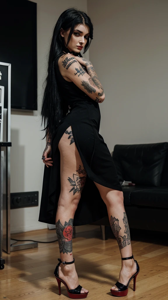 Goth girl wearing a blackdress with red highheels and a tattoo on her neck kissing a tattoo model
