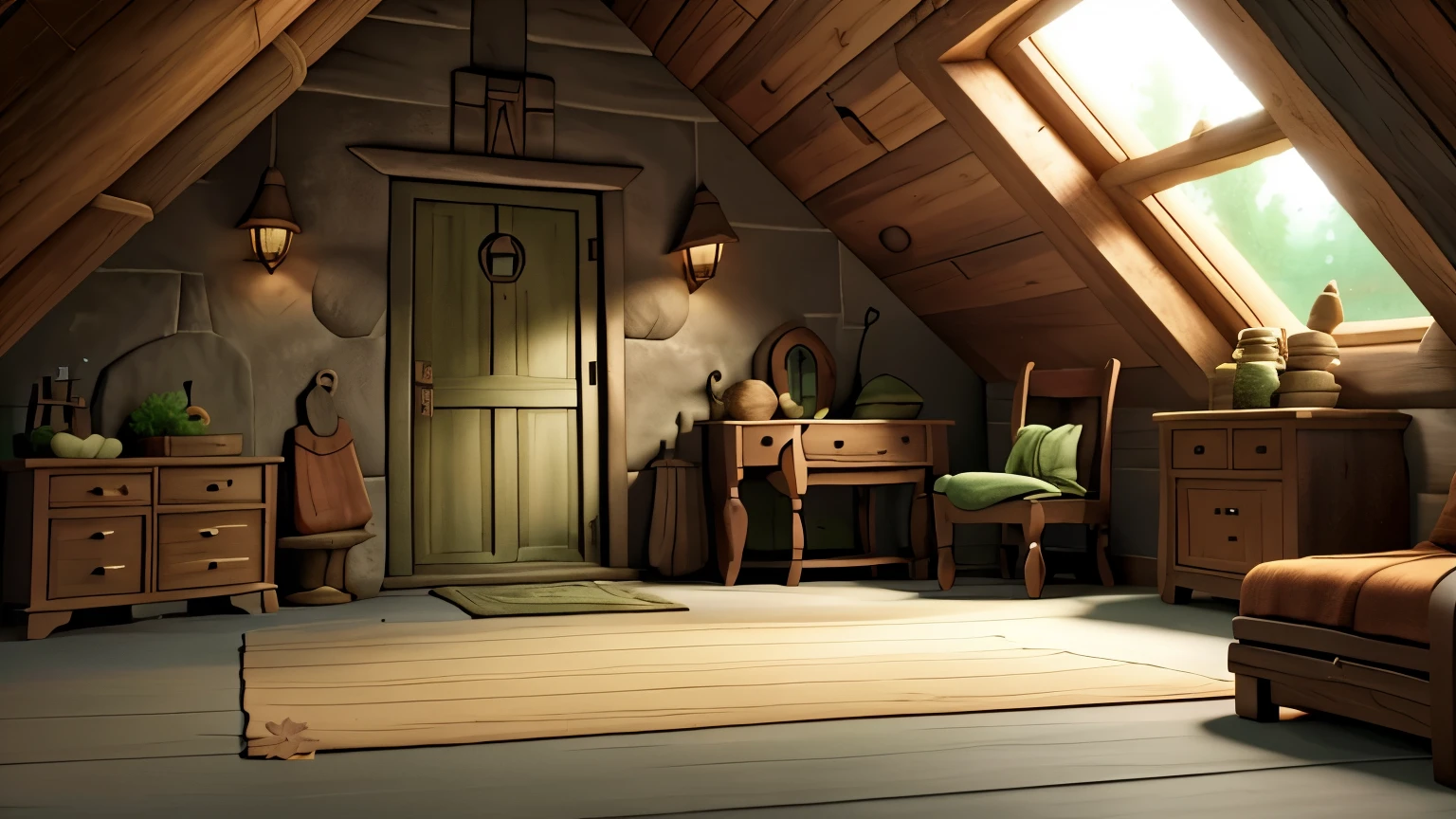 A room, open door, the outside image is a wooded forest, little dark, low lighting, animation details , hobbit house style ( hobbit movie house), similar to froddol's house, Lord of the Rings, poor lighting.