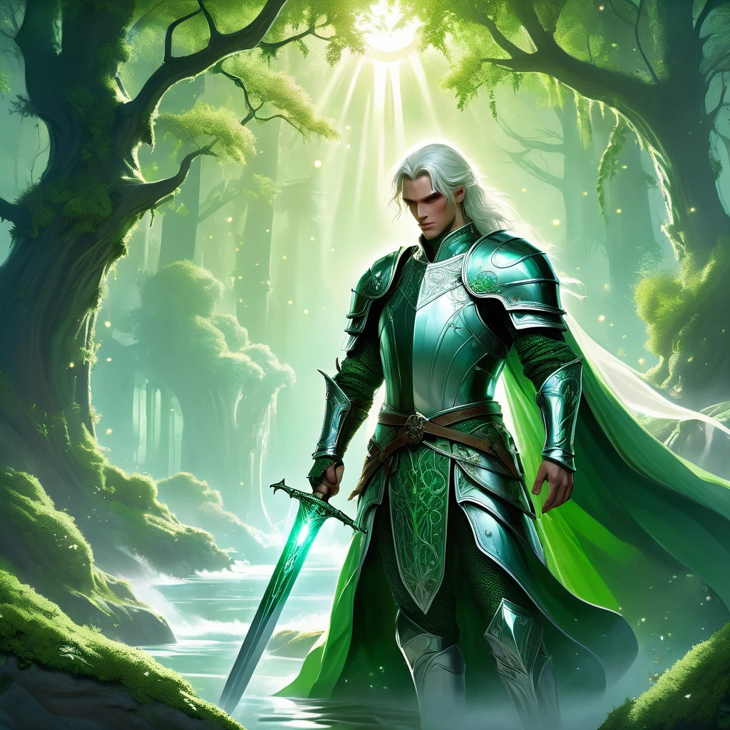 Picture a medieval fantasy scene where a young white-haired prince stands tall and resolute, clad in gleaming green armor that shimmers with an ethereal glow under the moonlit sky. His armor is adorned with intricate patterns of leaves and vines, reminiscent of ancient forests. In his hand, he wields an ancient sword with a blade forged from a rare, luminous metal that seems to radiate its own soft light. The prince's expression is one of determined courage, his piercing green eyes focused ahead with unwavering resolve.
The setting is a tranquil clearing within an enchanted forest, where ancient trees stand sentinel and the ground is carpeted with moss and wildflowers. Moonbeams filter through the canopy above, casting a silver sheen on his flowing white hair and illuminating the intricate details of his armor and the sword's ancient runes. A gentle breeze stirs the leaves, creating a sense of calm yet charged anticipation.
Capture the essence of adventure and heroism as this white-haired prince, with his green armor and ancient sword, embodies the spirit of nobility and valor in the medieval fantasy world, depicted with the dynamic and evocative style reminiscent of Frank Frazetta's iconic artwork."