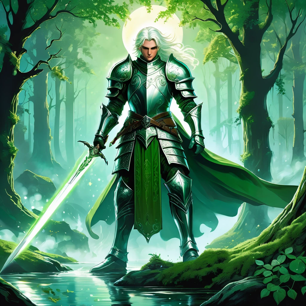 Picture a medieval fantasy scene where a young white-haired prince stands tall and resolute, clad in gleaming green armor that shimmers with an ethereal glow under the moonlit sky. His armor is adorned with intricate patterns of leaves and vines, reminiscent of ancient forests. In his hand, he wields an ancient sword with a blade forged from a rare, luminous metal that seems to radiate its own soft light. The prince's expression is one of determined courage, his piercing green eyes focused ahead with unwavering resolve.

The setting is a tranquil clearing within an enchanted forest, where ancient trees stand sentinel and the ground is carpeted with moss and wildflowers. Moonbeams filter through the canopy above, casting a silver sheen on his flowing white hair and illuminating the intricate details of his armor and the sword's ancient runes. A gentle breeze stirs the leaves, creating a sense of calm yet charged anticipation.

Capture the essence of adventure and heroism as this white-haired prince, with his green armor and ancient sword, embodies the spirit of nobility and valor in the medieval fantasy world, depicted with the dynamic and evocative style reminiscent of Frank Frazetta's iconic artwork."