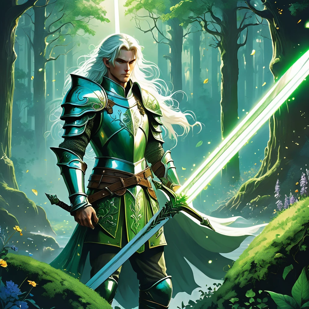 Picture a medieval fantasy scene where a young white-haired prince stands tall and resolute, clad in gleaming green armor that shimmers with an ethereal glow under the moonlit sky. His armor is adorned with intricate patterns of leaves and vines, reminiscent of ancient forests. In his hand, he wields an ancient sword with a blade forged from a rare, luminous metal that seems to radiate its own soft light. The prince's expression is one of determined courage, his piercing green eyes focused ahead with unwavering resolve.

The setting is a tranquil clearing within an enchanted forest, where ancient trees stand sentinel and the ground is carpeted with moss and wildflowers. Moonbeams filter through the canopy above, casting a silver sheen on his flowing white hair and illuminating the intricate details of his armor and the sword's ancient runes. A gentle breeze stirs the leaves, creating a sense of calm yet charged anticipation.

Capture the essence of adventure and heroism as this white-haired prince, with his green armor and ancient sword, embodies the spirit of nobility and valor in the medieval fantasy world, depicted with the dynamic and evocative style reminiscent of Frank Frazetta's iconic artwork."