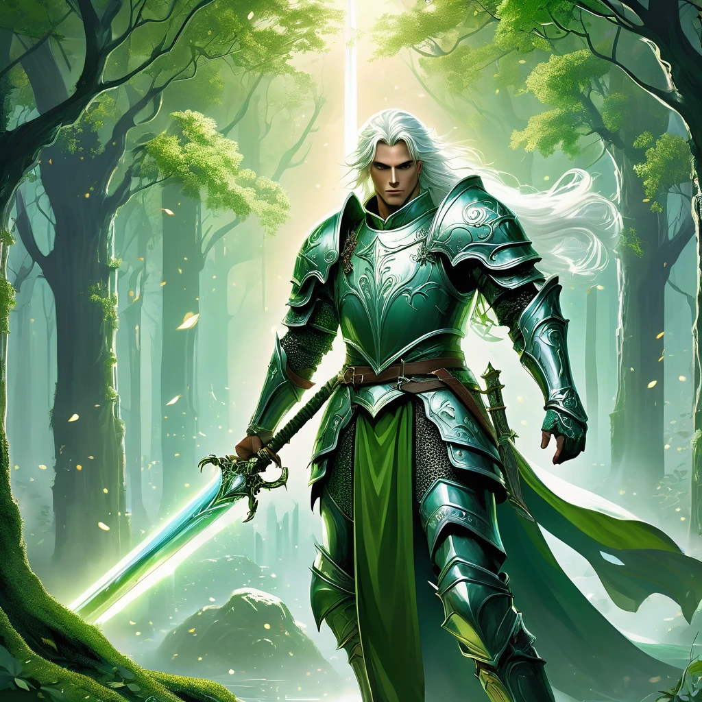 Picture a medieval fantasy scene where a young white-haired prince stands tall and resolute, clad in gleaming green armor that shimmers with an ethereal glow under the moonlit sky. His armor is adorned with intricate patterns of leaves and vines, reminiscent of ancient forests. In his hand, he wields an ancient sword with a blade forged from a rare, luminous metal that seems to radiate its own soft light. The prince's expression is one of determined courage, his piercing green eyes focused ahead with unwavering resolve.
The setting is a tranquil clearing within an enchanted forest, where ancient trees stand sentinel and the ground is carpeted with moss and wildflowers. Moonbeams filter through the canopy above, casting a silver sheen on his flowing white hair and illuminating the intricate details of his armor and the sword's ancient runes. A gentle breeze stirs the leaves, creating a sense of calm yet charged anticipation.
Capture the essence of adventure and heroism as this white-haired prince, with his green armor and ancient sword, embodies the spirit of nobility and valor in the medieval fantasy world, depicted with the dynamic and evocative style reminiscent of Frank Frazetta's iconic artwork."