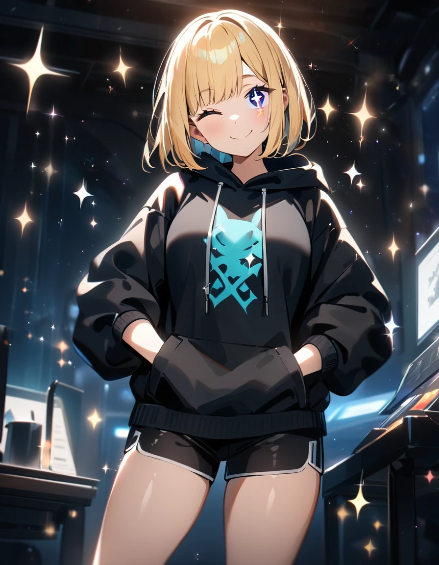 (((One girl))), blond hair, bob cut, (looking at viewer), breasts, teenager, head tilt:1.3, (((blue eye))), (from side), hand in pocket, ((happy smile)), black hoodie, black shorts, (one eye closed, ;>), (((sparkle in the eye:1.8))), ((cowboy shot)), anime style, (best quality, 4k, 8k, highres, masterpiece:1.2), ultra-detailed, ultra-detailed eyes, HDR, UHD, studio lighting, ultra-fine painting, sharp focus, physically-based rendering, extreme detail description, professional, vivid colors, bokeh)