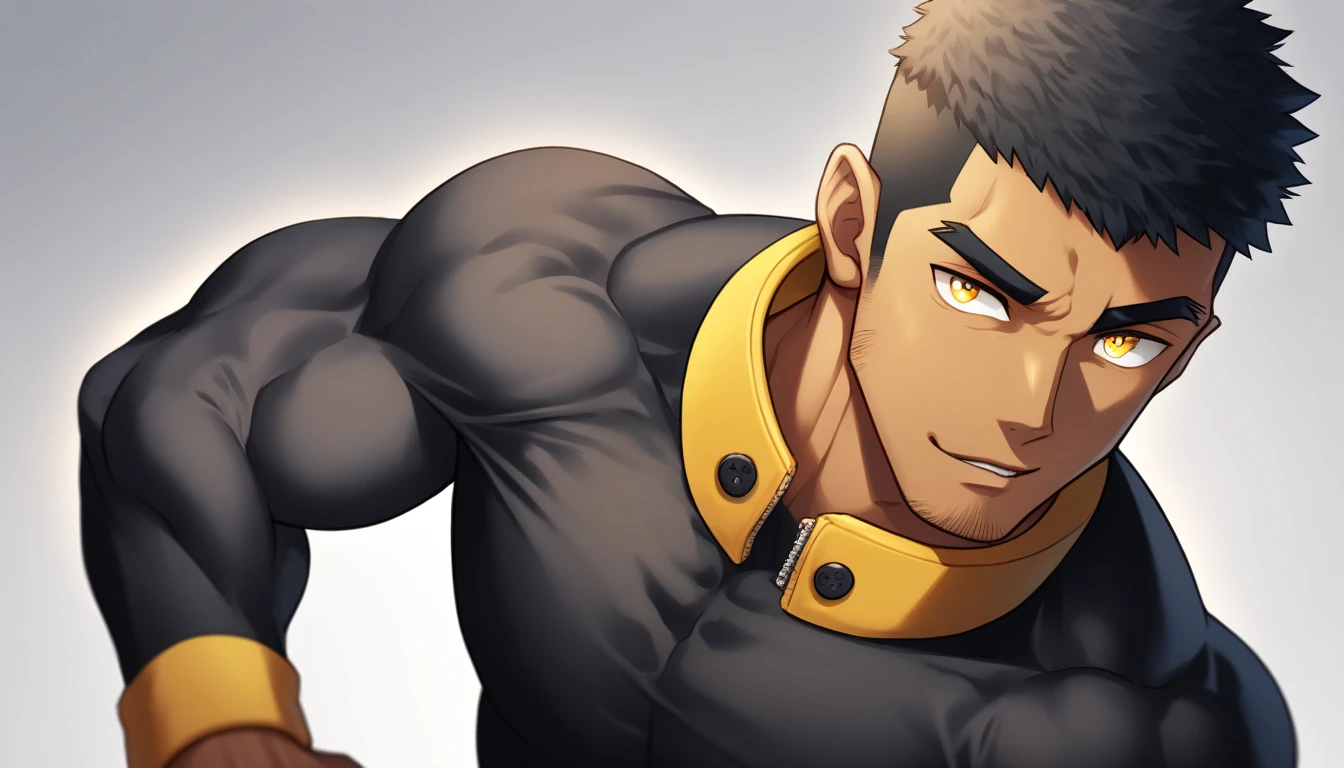 anime characters：Gyee, Muscle Sports Student, negro black skin, 1 dark skin muscular tough guy, Manliness, male focus, Light yellow high collar long sleeve tight T-shirt, Slightly transparent material, Very tight, Round, full and perky chest muscles, Slightly transparent, muscular male, muscular, only, Upper body, alone, Black short hair, Thick eyebrows, stubble, Yellow eyes, Grey background, simple background, amazing quality, best aesthetics, Ridiculous, bright pupils, crew cut, parted lips, seductive smile, torogao, naughty face, drop shadow, best quality