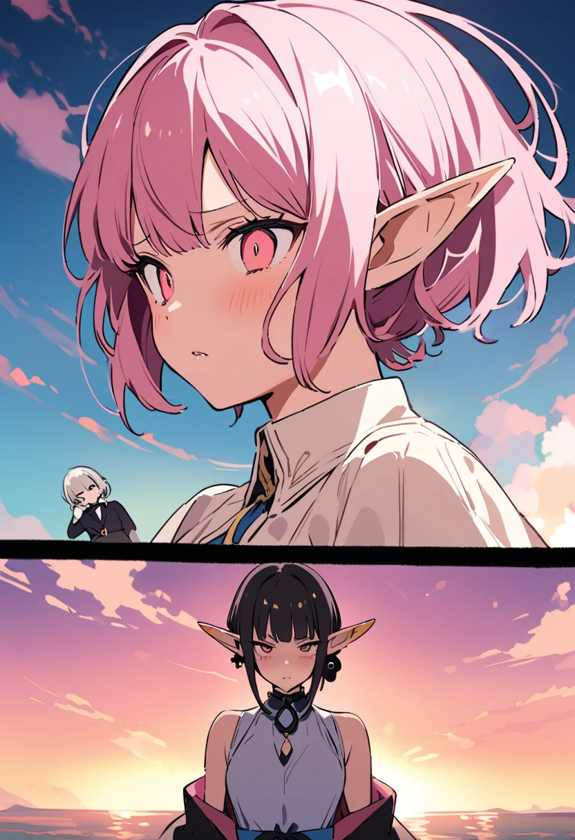 masterpiece, Highest quality, Illustration of the novel, High resolution, 18+ Adult content, Sensual, Intimate, Emotional, Passionate, romantic, sweet, Adorable, Innocent, Pure, charmな, charmな, charm, mysterious, charmな, charmな, Immersive, charmな, dream-like, Surreal, Imaginative, Whimsical, Artistic, Avant-garde, timeless, elegant, Sophisticated, chic, Sophisticated, Personality, original, charmな,((Loli Elf:1.3)),((A look of disgust:1.3))、Upper Body、(a bit),((Sunrise Time/Sunrise time/sunrise time:1.3))