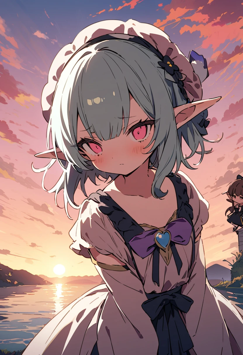 masterpiece, Highest quality, Illustration of the novel, High resolution, 18+ Adult content, Sensual, Intimate, Emotional, Passionate, romantic, sweet, Adorable, Innocent, Pure, charmな, charmな, charm, mysterious, charmな, charmな, Immersive, charmな, dream-like, Surreal, Imaginative, Whimsical, Artistic, Avant-garde, timeless, elegant, Sophisticated, chic, Sophisticated, Personality, original, charmな,(( Elf:1.3)),((A look of disgust:1.3))、Upper Body、(a bit),((Sunrise Time/Sunrise time/sunrise time:1.3))