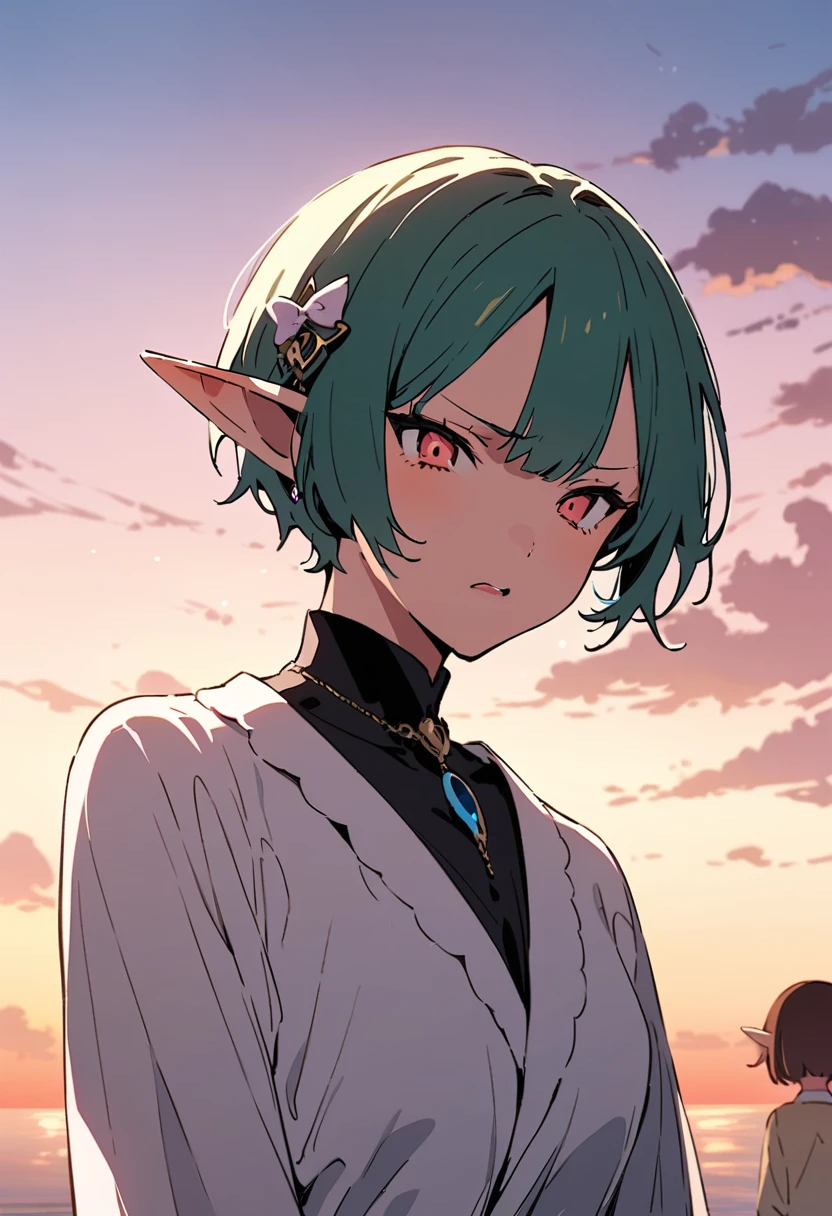 masterpiece, Highest quality, Illustration of the novel, High resolution, 18+ Adult content, Sensual, Intimate, Emotional, Passionate, romantic, sweet, Adorable, Innocent, Pure, charmな, charmな, charm, mysterious, charmな, charmな, Immersive, charmな, dream-like, Surreal, Imaginative, Whimsical, Artistic, Avant-garde, timeless, elegant, Sophisticated, chic, Sophisticated, Personality, original, charmな,((Loli Elf:1.3)),((A look of disgust:1.3))、Upper Body、(a bit),((Sunrise Time/Sunrise time/sunrise time:1.3))