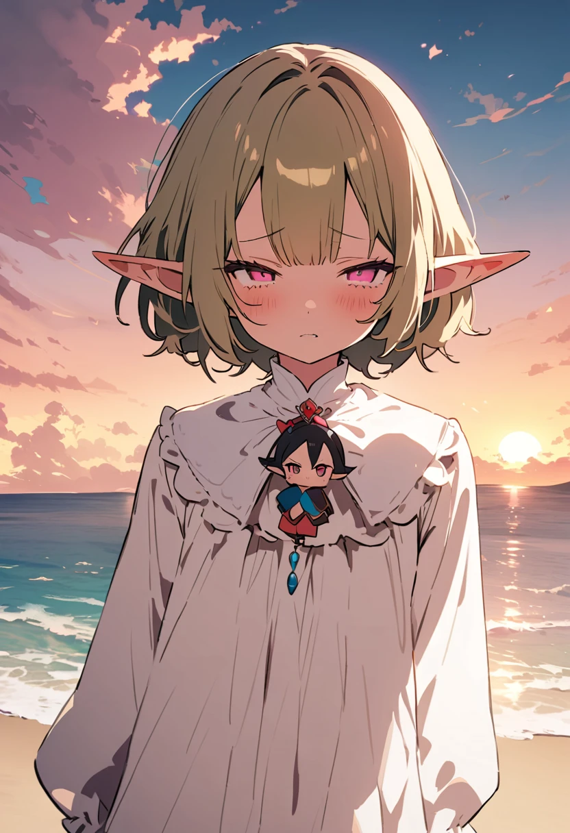 masterpiece, Highest quality, Illustration of the novel, High resolution, 18+ Adult content, Sensual, Intimate, Emotional, Passionate, romantic, sweet, Adorable, Innocent, Pure, charmな, charmな, charm, mysterious, charmな, charmな, Immersive, charmな, dream-like, Surreal, Imaginative, Whimsical, Artistic, Avant-garde, timeless, elegant, Sophisticated, chic, Sophisticated, Personality, original, charmな,((Loli Elf:1.3)),((A look of disgust:1.3))、Upper Body、(a bit),((Sunrise Time/Sunrise time/sunrise time:1.3))
