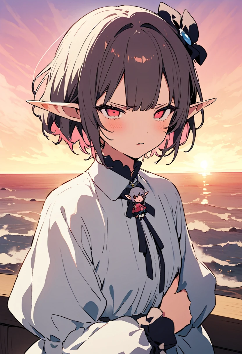 masterpiece, Highest quality, Illustration of the novel, High resolution, 18+ Adult content, Sensual, Intimate, Emotional, Passionate, romantic, sweet, Adorable, Innocent, Pure, charmな, charmな, charm, mysterious, charmな, charmな, Immersive, charmな, dream-like, Surreal, Imaginative, Whimsical, Artistic, Avant-garde, timeless, elegant, Sophisticated, chic, Sophisticated, Personality, original, charmな,((Loli Elf:1.3)),((A look of disgust:1.3))、Upper Body、(a bit),((Sunrise Time/Sunrise time/sunrise time:1.3))