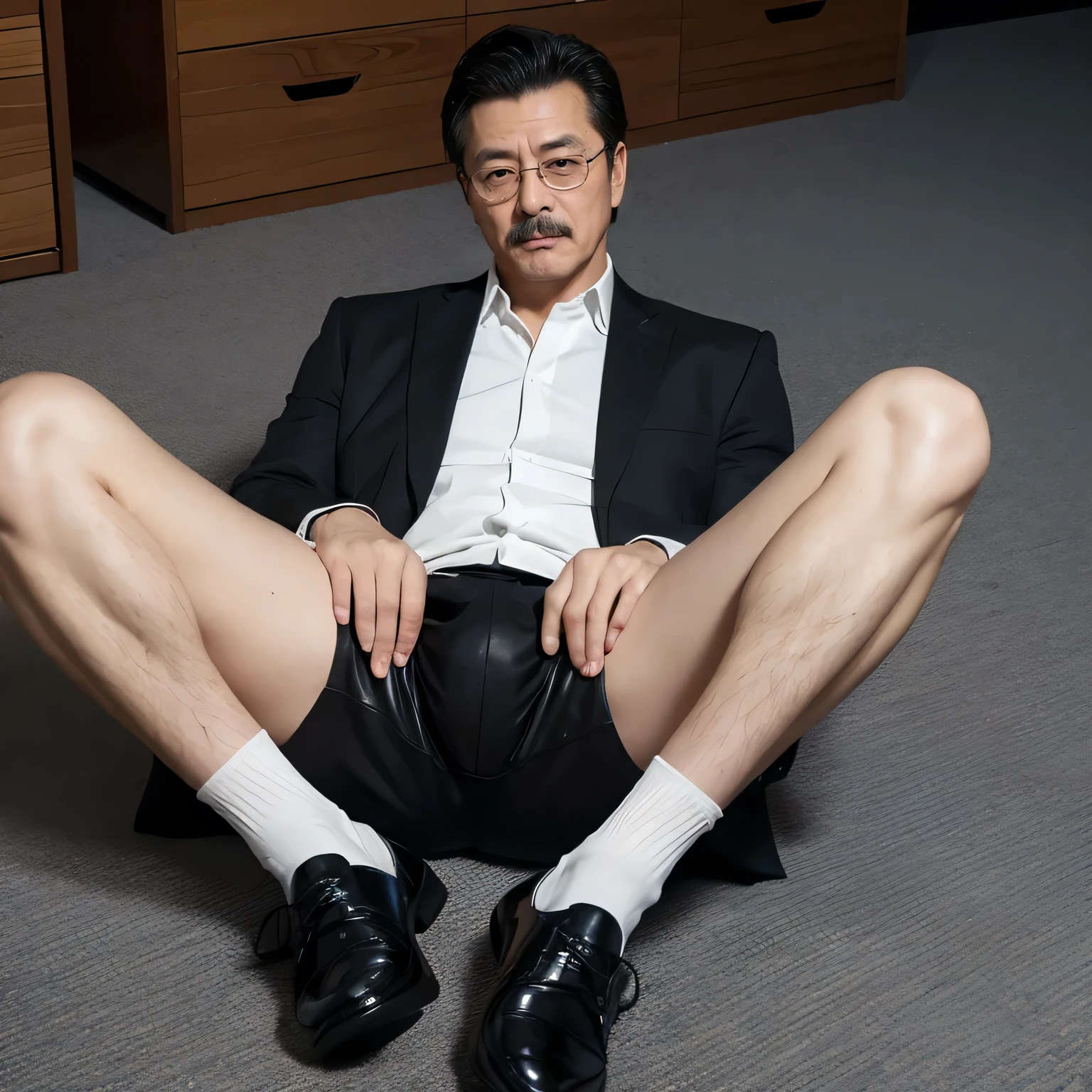 55 years old，Kogoro Mori，uncle，，Convex，in office，Wear black socks，anti-slip leather shoes，beard，toughness，Drooling in the mouth，HD，artwork，Charming and sexy expression pose，full of enjoyment，Very shy，exposed，Spread your legs and straighten them，Wear a suit，Trousers，A large protrusion with masculine characteristics，Wear black socks，The crotch has columnar protrusions，Sole viewing angle，Take off your pants，Sexy lingerie lace，Floor perspective, Ecstasy expression/gender(milk