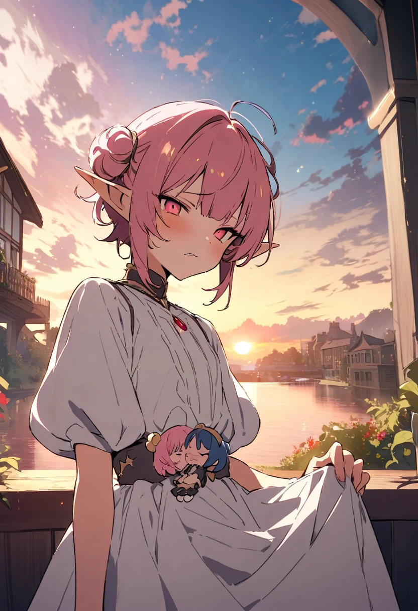 masterpiece, Highest quality, Illustration of the novel, High resolution, 18+ Adult content, Sensual, Intimate, Emotional, Passionate, romantic, sweet, Adorable, Innocent, Pure, charmな, charmな, charm, mysterious, charmな, charmな, Immersive, charmな, dream-like, Surreal, Imaginative, Whimsical, Artistic, Avant-garde, timeless, elegant, Sophisticated, chic, Sophisticated, Personality, original, charmな,((Loli Elf:1.3)),((A look of disgust:1.3))、Upper Body、(a bit),((Sunrise Time/Sunrise time/sunrise time:1.3))