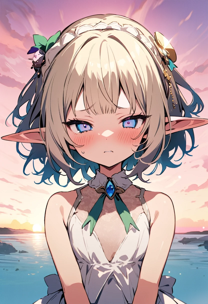 masterpiece, Highest quality, Illustration of the novel, High resolution, 18+ Adult content, Sensual, Intimate, Emotional, Passionate, romantic, sweet, Adorable, Innocent, Pure, charmな, charmな, charm, mysterious, charmな, charmな, Immersive, charmな, dream-like, Surreal, Imaginative, Whimsical, Artistic, Avant-garde, timeless, elegant, Sophisticated, chic, Sophisticated, Personality, original, charmな,((Loli Elf:1.3)),((A look of disgust:1.3))、Upper Body、(a bit),((Sunrise Time/Sunrise time/sunrise time:1.3))