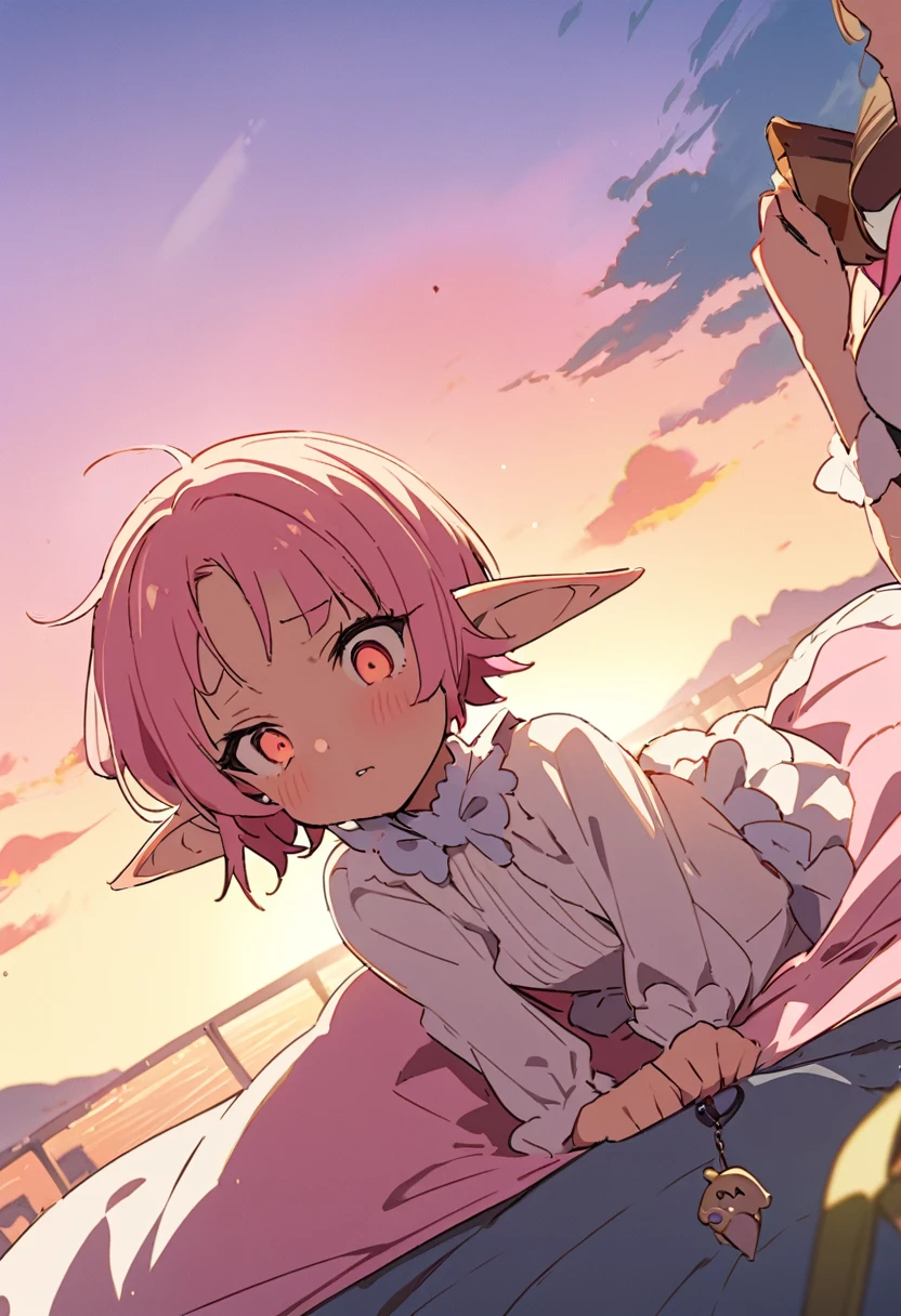 masterpiece, Highest quality, Illustration of the novel, High resolution, 18+ Adult content, Sensual, Intimate, Emotional, Passionate, romantic, sweet, Adorable, Innocent, Pure, charmな, charmな, charm, mysterious, charmな, charmな, Immersive, charmな, dream-like, Surreal, Imaginative, Whimsical, Artistic, Avant-garde, timeless, elegant, Sophisticated, chic, Sophisticated, Personality, original, charmな,((Loli Elf:1.3)),((A look of disgust:1.3))、Upper Body、(a bit),((Sunrise Time/Sunrise time/sunrise time:1.3))
