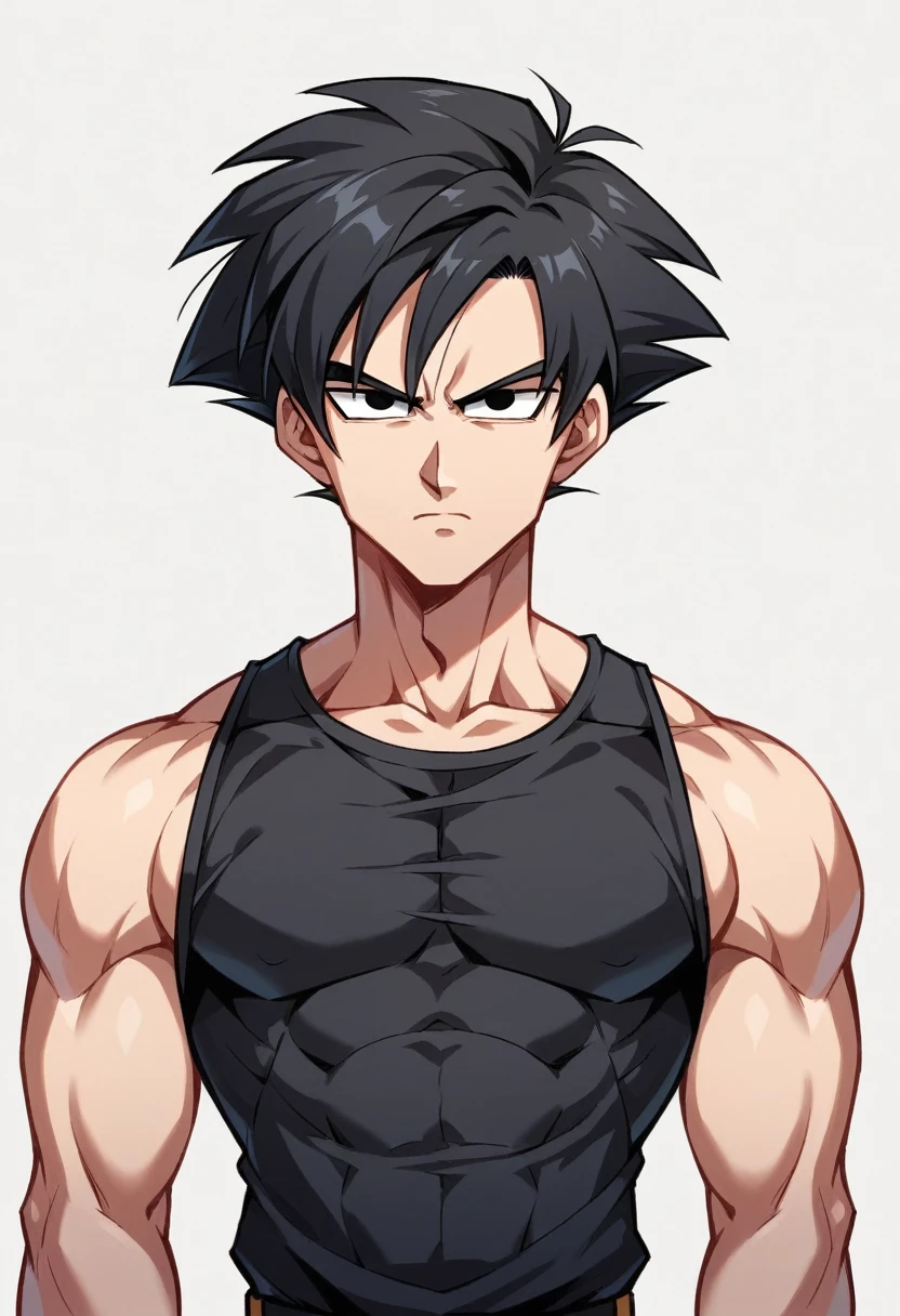 A highschool boy, handsome, perfect body, black hair, short hair, mullet, black eyes, upturned eyes, expressionless, black shirt, anime, first-person view, dragonball art style, masterpiece, anatomically correct, high details, highres, best quality, super detail, 1080P