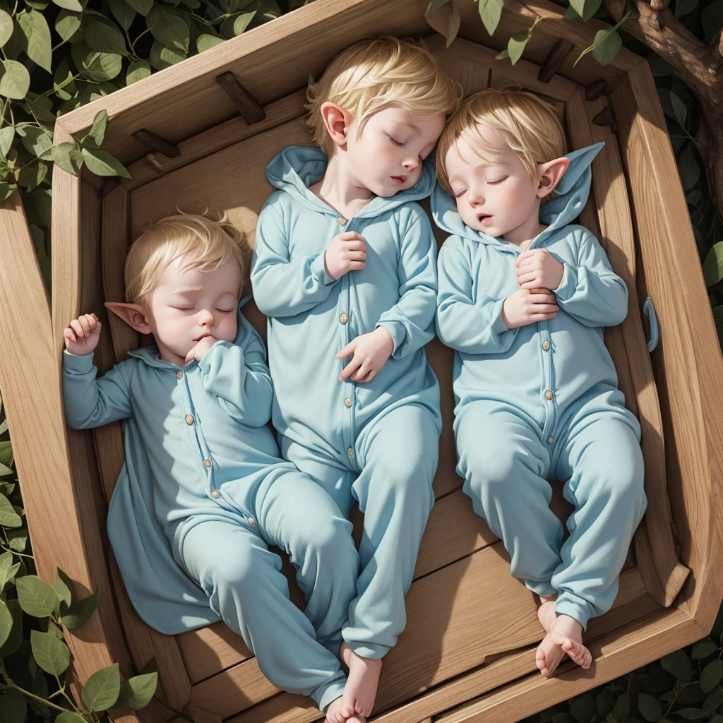 Two sleeping baby elves: identical twin boys with blonde hair, pointy ears, and pale skin, wearing light blue onesies while lying in a wooden crib in an elvish Woodland palace