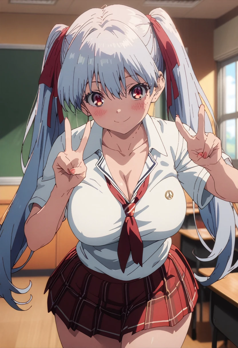 cel-shaded, 1990s anime, detailed, high quality, atmospheric, masterpiece, best quality, very aesthetic, absurdres, anime screencap, miku. 1girl, solo, (red eyes:1.5), detailed eyes, light blue hair, twintails, long twintails, hair ribbons, (red miniskirt:1.5), plaid miniskirt, (white shirt:1.5), (school uniform:1.5), red tie, panties, thighs, classroom, curvy body, big breasts, blush, smile, sexy, collarbone, cleavage, cowboy shot, v symbol, peace symbol, v, from front, (looking at viewer:1.0)