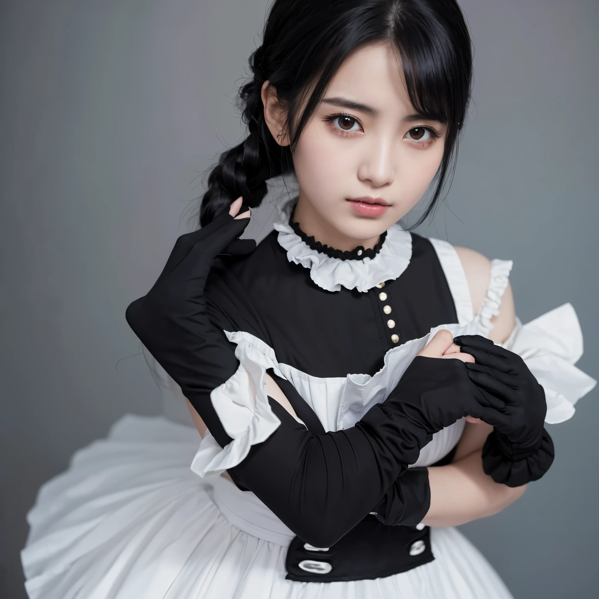 A woman with black hair and black eyes who looks quiet and unimpressive She wears clothes similar to a classical maid outfit She has sturdy gloves on her hands She wears sturdy boots