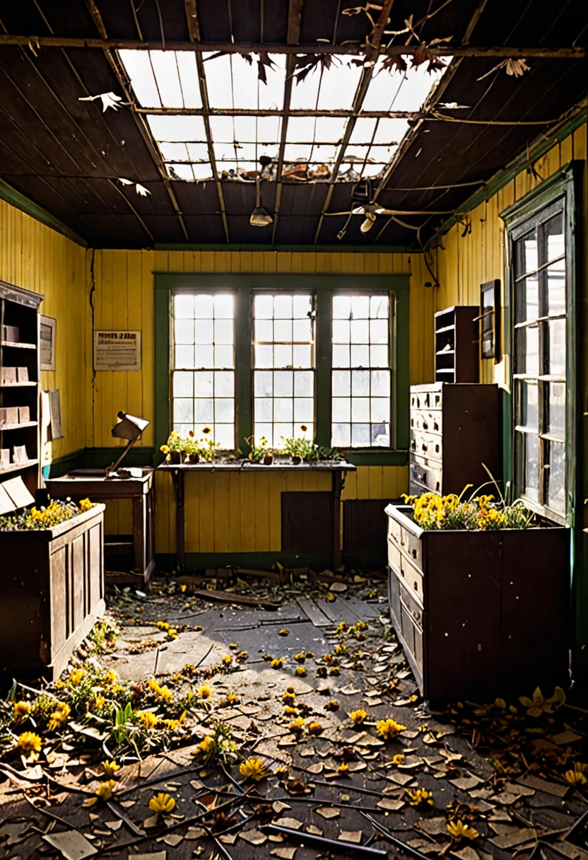 "Create a series of images of an abandoned flower shop located in central New York. This flower shop has been deserted for 16 years, and the environment should be dark and melancholy. Details should include: Inside the Florist: Countertops and shelves covered in dust and cobwebs. Broken and overturned plant pots, with remains of dead plants and dry leaves scattered across the floor. Rusty gardening tools, some still hanging from hooks on the wall. Soft light coming in through the broken windows, with covering boards creating a mysterious play of shadows. An old service counter, with an old cash register covered in dust and perhaps some yellowed receipts. A small office in the back, with an overturned chair and papers scattered on the floor, suggesting a hasty exit or carelessness. An old sign with the name of the store "Flores da Sue’s"