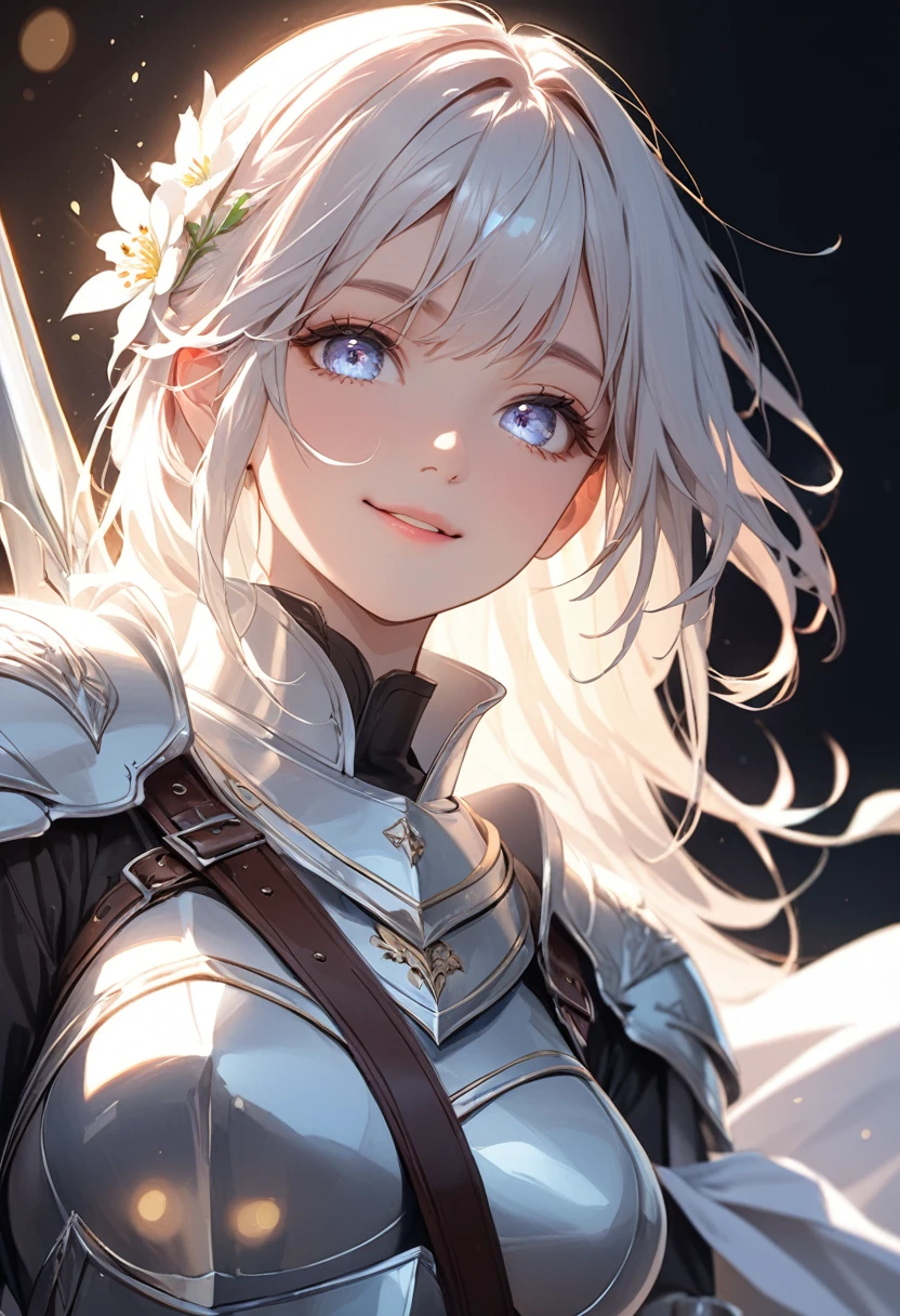 (masterpiece:1.5),(Beat quality),(high res),1girl solo,beautiful face,smile(shining eyes),upper body,light effects,Female knight holding a spear,White flower,Black background