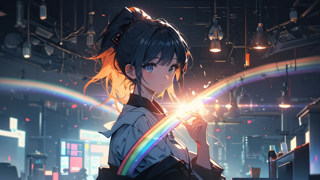 jaw, ponytail, regatta, Shirt tied at the waist, Clean the portal gun at the workbench, Morning sunlight shining through the window (zrpg style) (artwork:1.2) (figure:1.2) (Better Quality:1.2) (be familiar with) (Complex) (8K) (High resolution) (Cinema Lighting) (Sharp focus), whole body, Big Ass, thick, {Highly detailed 16k CG uniform wallpaper}, Wide大な風景写真, (A bottom-up view that focuses on characters and settings), (Wide々Clear visibility), (Low angle photo), (highlight: 1.2), (Low Light:1.7), (Warm light source: 1.2), Complex詳細, (Rainbow Core: 1.5), (Bright lighting), (Atmospheric lighting), 