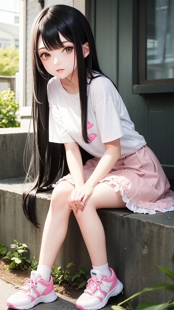 19 year old girl with long black hair. She is wearing a white t-shirt and a pink petticoat, white and pink tennis shoes.
sitting looking out the window