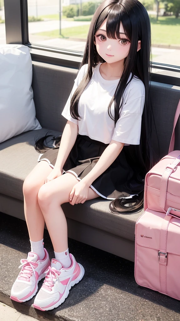 19 year old girl with long black hair. She is wearing a white t-shirt and a pink petticoat, white and pink tennis shoes.
sitting looking out the window