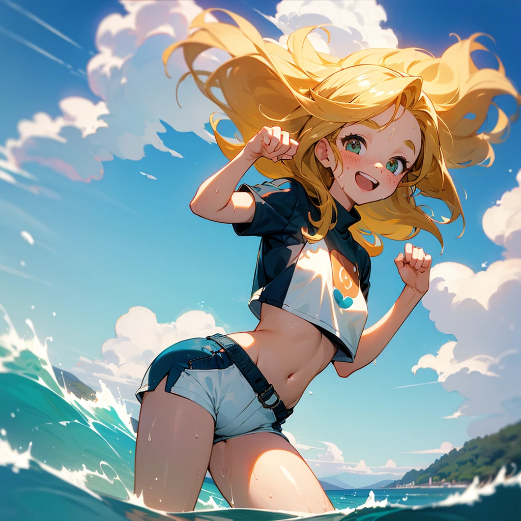 (best quality, masterpiece), 1girl, paw pose, smile, laughing, ocean, crop top, shorts, blonde, freckles, blush, looking at viewer, wavy hair, cloud, splashing, waves, sun, mountain, wet