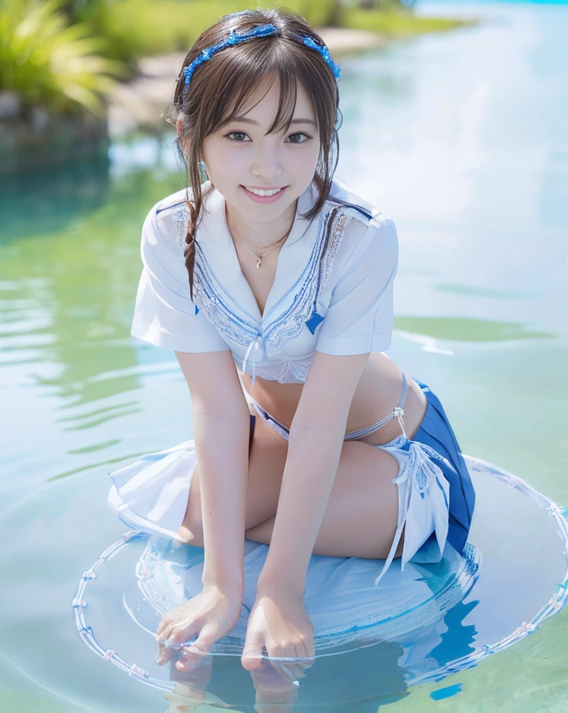 (NFSW)、(High resolution:1.5)、Highest quality,Very detailed,masterpiece,Super detailed,alone,(One 12 year old girl),((Summer School Uniforms:1.5)), Seraphim, ((skirt:1.5)), smile, Thigh fetish images: 1.5、(((barefoot)))、(Her thighs and white bikini reflected in the clear blue water)、(reflected in water:1.5)、((I can see her white string panties:1.5))、(Cleavage)、((Clear blue seawater))、Summer sun、はしゃいだsmile、Beautiful Eyes、(pull-out-panties:1.5)、(Panties on knees)、Big necklace and tiara、The water is marine blue、(((Glossy thighs)))