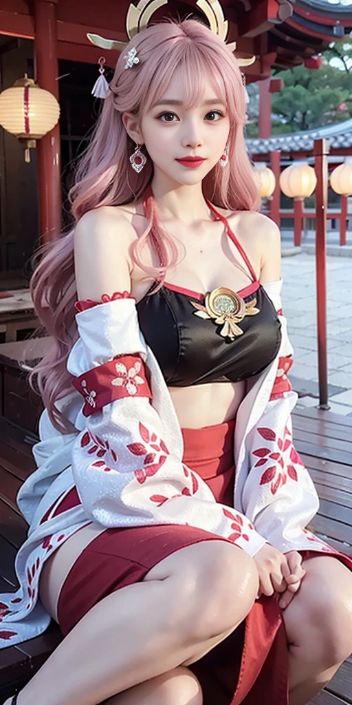 1girl, (ulzzang-6500:0.7), kpop idol, yae miko, bikini, detached sleeves, bare shoulders, pink hair, long hair, bikini, best quality, (painting:1.5), (hair ornament:1.35), jewelry, purple eyes, earrings, breasts, torii, cherry blossoms, lantern light, depth of field, detailed face, face focus, ribbon_trim, (looking at viewer:1.25), nontraditional miko, shiny skin, long sleeves, smile, thick lips, game cg, hands on lips, east asian architecture, (blurry background:1.2), sitting, upper body, bikini