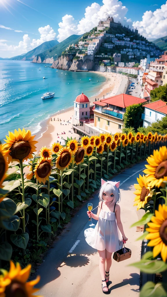 Beautiful girl walking seashore,
the stunning Amalfi Coast in Italy, with viewers enjoying the traditional Italian lemon liqueur, Limoncello, in hand as they take in the breathtaking scenery,
Capture the picturesque coastal villages along the Amalfi Coast, such as Positano, Amalfi, and Ravello, with their colorful buildings cascading down the cliffs towards the azure Mediterranean Sea,
Focus on the rugged coastline, with images of dramatic cliffs, hidden coves, and crystal-clear waters that create a paradise-like setting for relaxation and exploration,(sunflower:1.3),
(Cat ears:1.3), (Cow pattern dress:1.2),