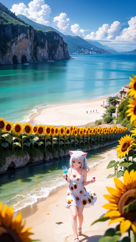 Beautiful girl walking seashore, 
the stunning Amalfi Coast in Italy, with viewers enjoying the traditional Italian lemon liqueur, Limoncello, in hand as they take in the breathtaking scenery,
Capture the picturesque coastal villages along the Amalfi Coast, such as Positano, Amalfi, and Ravello, with their colorful buildings cascading down the cliffs towards the azure Mediterranean Sea,
Focus on the rugged coastline, with images of dramatic cliffs, hidden coves, and crystal-clear waters that create a paradise-like setting for relaxation and exploration,(sunflower:1.3),
(Cat ears:1.3), (Cow pattern dress:1.2),