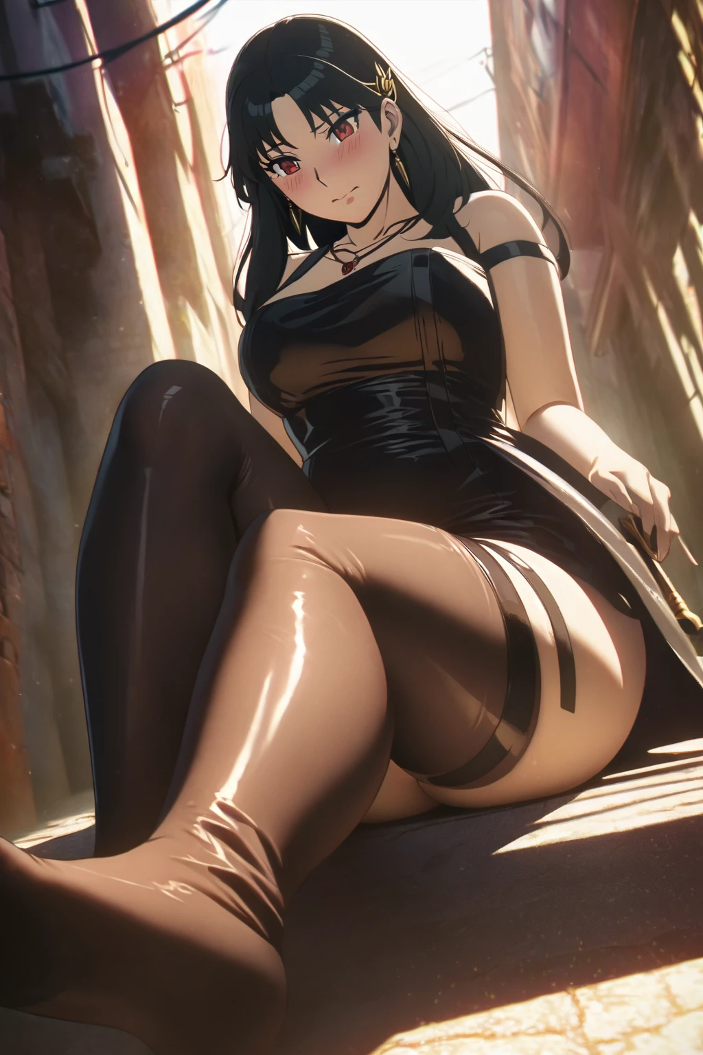 Anime female character, yorbriar, yorbriar, 1girl, sexy, translucent stockings, charming, shy expression, long black hair, straight hair, bangs covering part of the forehead, red eyes, gentle eyes, gentle expression, shy, tight black skirt, high slit Panty dress, suspender design, shiny fabric, revealing, golden hairpin, black fingerless gloves, simple necklace, thigh strap, dagger or dagger, metallic luster, worn on waist or hand, black stockings, sitting position, low angle view, Feet, foot perspective, footjob, hands on the floor, sexy pose, plump thighs, curved legs, tight stockings, soft thigh skin, alley background, cityscape, shadow wall, sunlight above, anime style , high contrast, detailed lines, soft lighting, high resolution, high detail, high definition, complex shadows, realistic textures, smooth transitions