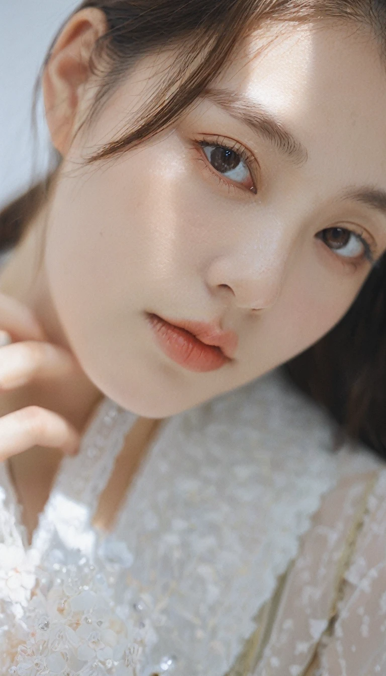 xxmixgirl, Analog Style, Eye focus, Highest quality, (Very detailed skin), Exquisitely beautiful white skin photos, 24-years-old, Perfect Face, Captivating eyes, (Seductive makeup: 1.3), Skin pores, (Bokeh:1.5), Sharp focus, Dappled Lighting, (Backlight), Film Grain, (Very detailed, Exquisitely crafted), 8K, High resolution, Front view, Studio Light, Very detailed顔, Fine grain, (double eyelid: 1.4), Aristogle, Brown eyes, (commercial: 1.6), (Natural Makeup), ((White studio background: 2))、Summery white fashion