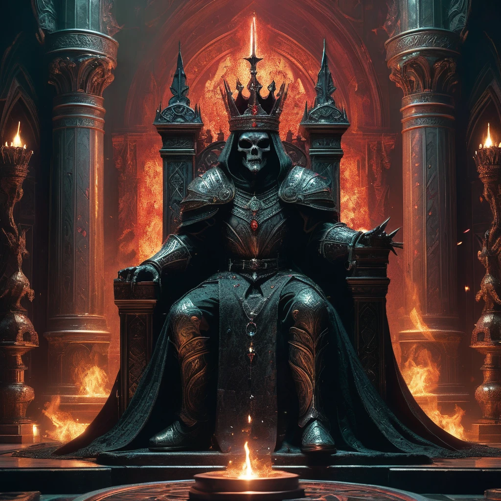 Imagine a king seated upon a dark, imposing throne in a medieval fantasy realm consumed by shadows and intrigue. His presence commands the chamber, draped in regal robes of deep crimson and black, adorned with intricate patterns that shimmer with hints of ancient magic. The throne itself is a massive structure of twisted, obsidian-like stone, carved with fearsome gargoyles and ominous runes that seem to pulse with malevolent energy.

Around the king, torches flicker erratically, casting eerie shadows that dance across the walls adorned with faded tapestries depicting battles and conquests. His expression is stoic yet burdened with the weight of rulership, eyes sharp and calculating beneath a crown encrusted with dark jewels. At his side rests a scepter, its ornate head adorned with a sinister gem that glows faintly with an unsettling light.

The air is heavy with the scent of incense and the faint echo of distant whispers, creating an atmosphere of foreboding and mystery. In this dark fantasy realm, where alliances are fragile and power is coveted, the king's throne room becomes a crucible of ambition and treachery,
