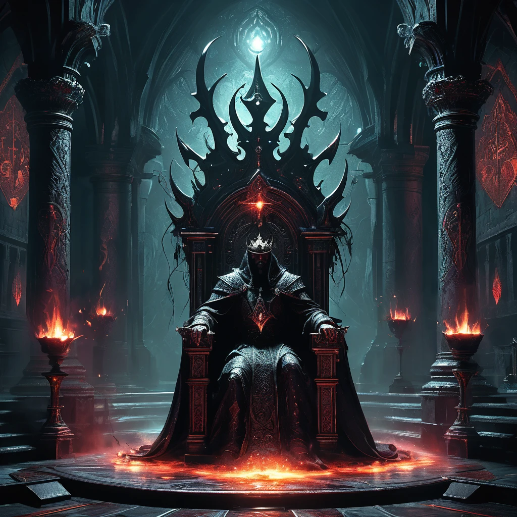 Imagine a king seated upon a dark, imposing throne in a medieval fantasy realm consumed by shadows and intrigue. His presence commands the chamber, draped in regal robes of deep crimson and black, adorned with intricate patterns that shimmer with hints of ancient magic. The throne itself is a massive structure of twisted, obsidian-like stone, carved with fearsome gargoyles and ominous runes that seem to pulse with malevolent energy.
Around the king, torches flicker erratically, casting eerie shadows that dance across the walls adorned with faded tapestries depicting battles and conquests. His expression is stoic yet burdened with the weight of rulership, eyes sharp and calculating beneath a crown encrusted with dark jewels. At his side rests a scepter, its ornate head adorned with a sinister gem that glows faintly with an unsettling light.
The air is heavy with the scent of incense and the faint echo of distant whispers, creating an atmosphere of foreboding and mystery. In this dark fantasy realm, where alliances are fragile and power is coveted, the king's throne room becomes a crucible of ambition and treachery,