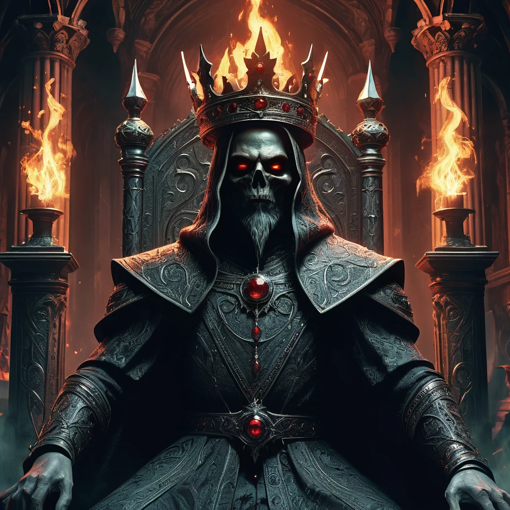 Imagine a king seated upon a dark, imposing throne in a medieval fantasy realm consumed by shadows and intrigue. His presence commands the chamber, draped in regal robes of deep crimson and black, adorned with intricate patterns that shimmer with hints of ancient magic. The throne itself is a massive structure of twisted, obsidian-like stone, carved with fearsome gargoyles and ominous runes that seem to pulse with malevolent energy.

Around the king, torches flicker erratically, casting eerie shadows that dance across the walls adorned with faded tapestries depicting battles and conquests. His expression is stoic yet burdened with the weight of rulership, eyes sharp and calculating beneath a crown encrusted with dark jewels. At his side rests a scepter, its ornate head adorned with a sinister gem that glows faintly with an unsettling light.

The air is heavy with the scent of incense and the faint echo of distant whispers, creating an atmosphere of foreboding and mystery. In this dark fantasy realm, where alliances are fragile and power is coveted, the king's throne room becomes a crucible of ambition and treachery,