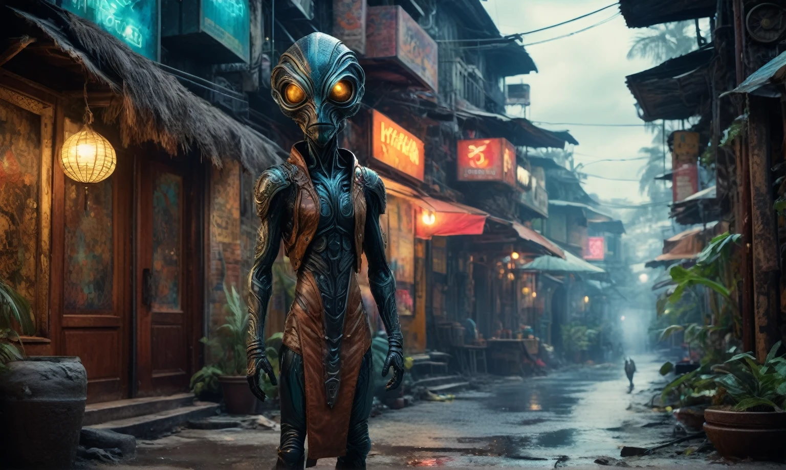 full-body-shot,niobium Manganite (The Alien Entity:Caribbean:0.5), wants eat,survival in criminal city of future,Cinematic,soft colors, Technicolor,natural skin textures, hyper realism, hyper detailed,Extremely detailed,High contrast,Masterpiece,Realistic,Ultra Detailed, intricate details,realistic humid leather,extremely intricate,Epic Realistic, cinematic style,irina yermolova,high contrast,HDR,extremely detailed, [deep night landscape],masterpiece,intricate details,faded,eyes extremely detailed, high detailed eyes,8k resolution,RAW,retina, Nikon Z9