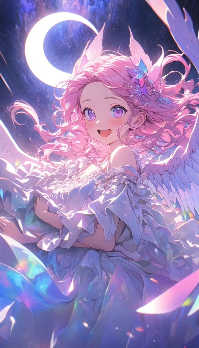 Exquisite, beautiful, Super detailed, masterpiece, high quality, Absurd, High resolution, Full HD, 16K, null, woman, Fairy, Princess, Happy, fun, smile, Laughter, flight, floating, Bob, Wavy Hair, Pink Hair, Purple eyes, Big eyes, Fair skin, slim, With wings, With the crescent moon, With Stardust, with a starry null, With the Nebula, With shooting star, Surrounded by stars and stardust, In the middle of the night, Soft Edge, Soft lines, Wide Shot, Saturated colors, Vibrant colors, pastel colour