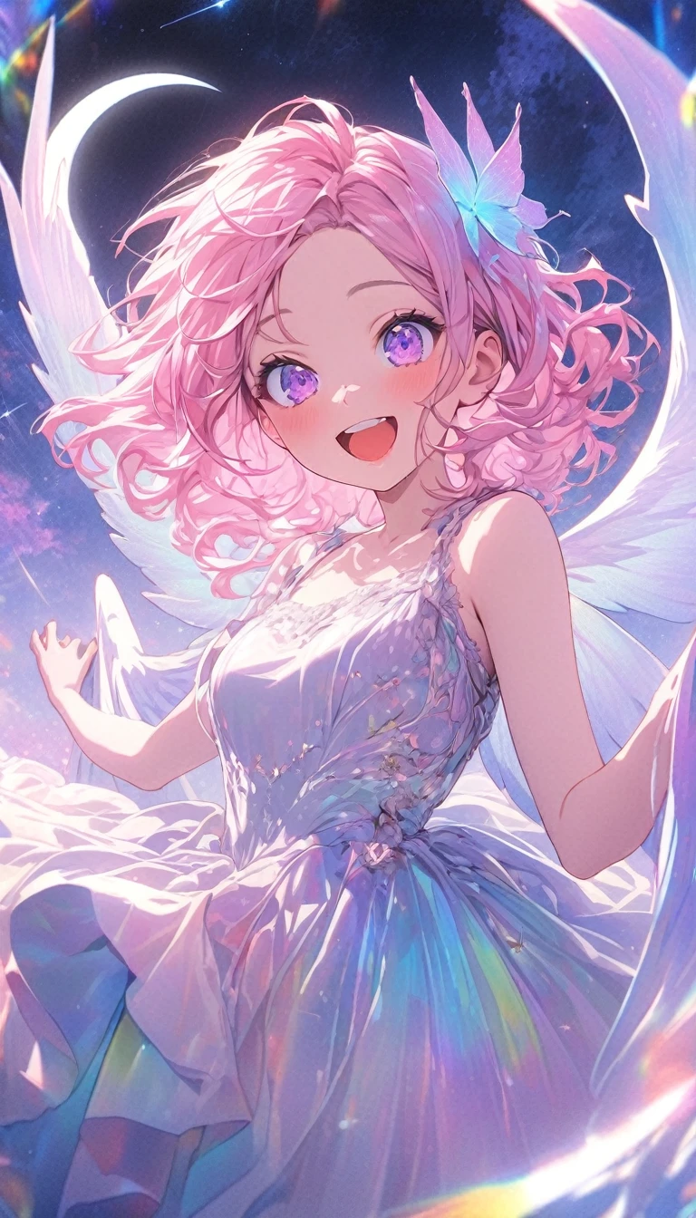 Exquisite, beautiful, Super detailed, masterpiece, high quality, Absurd, High resolution, Full HD, 16K, null, woman, Fairy, Princess, Happy, fun, smile, Laughter, flight, floating, Bob, Wavy Hair, Pink Hair, Purple eyes, Big eyes, Fair skin, slim, With wings, With the crescent moon, With Stardust, with a starry null, With the Nebula, With shooting star, Surrounded by stars and stardust, In the middle of the night, Soft Edge, Soft lines, Wide Shot, Saturated colors, Vibrant colors, pastel colour
